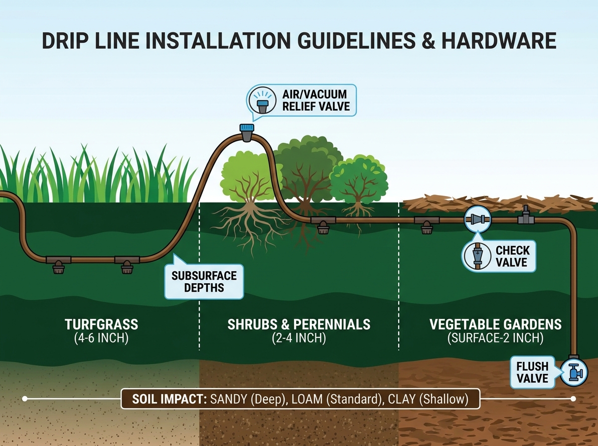 Drip line subsurface installation depth